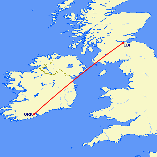 перелет Эдинбург — Корк на карте