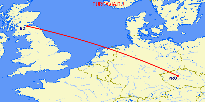 перелет Эдинбург — Прага на карте