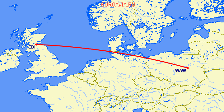 перелет Эдинбург — Варшава на карте
