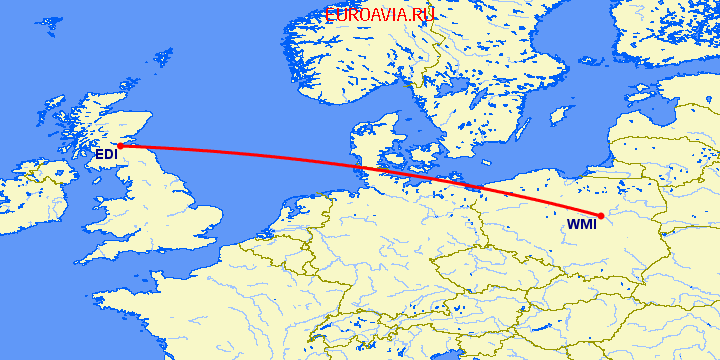 перелет Эдинбург — Варшава на карте
