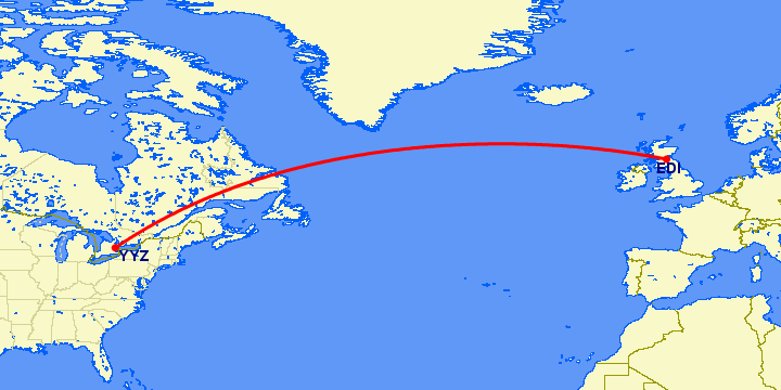 перелет Эдинбург — Торонто на карте