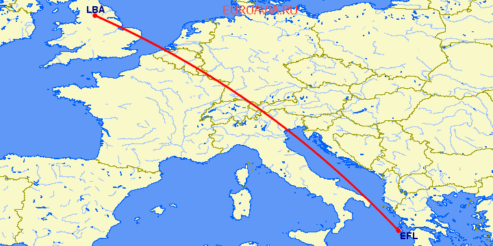 перелет Кефалония — Лидс на карте