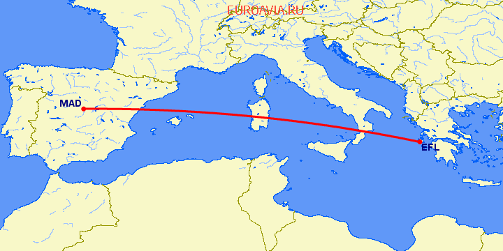 перелет Кефалония — Мадрид на карте