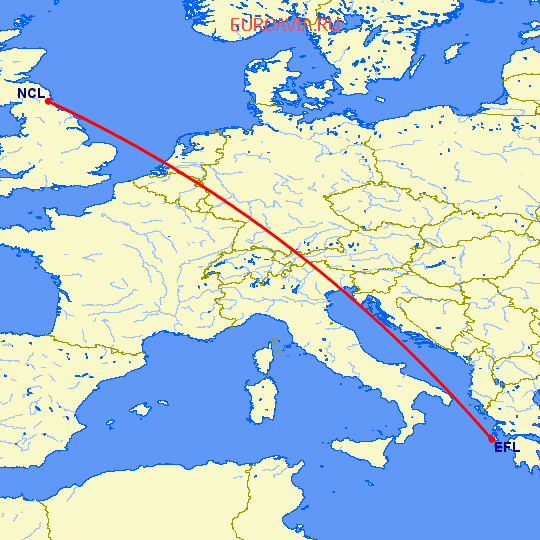 перелет Кефалония — Ньюкасл на карте