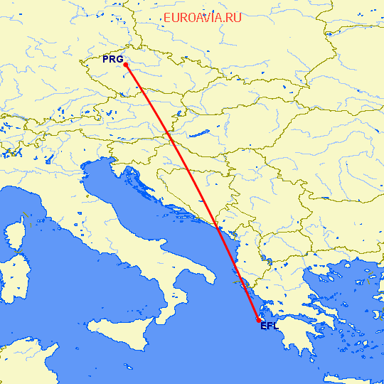 перелет Кефалония — Прага на карте
