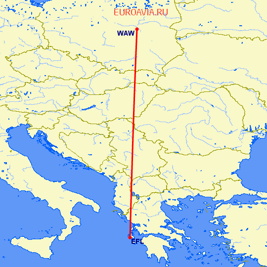 перелет Кефалония — Варшава на карте