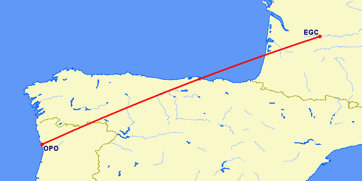 перелет Бержерак — Порту на карте