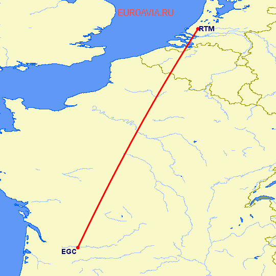 перелет Бержерак — Роттердам на карте