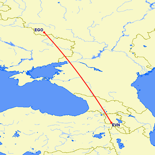 перелет Белгород — Ереван на карте