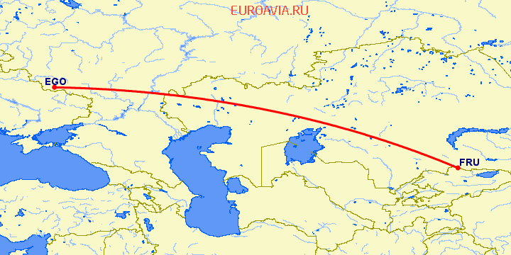 перелет Белгород — Бишкек на карте