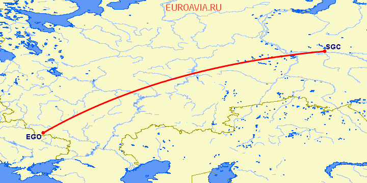 перелет Белгород — Сургут на карте