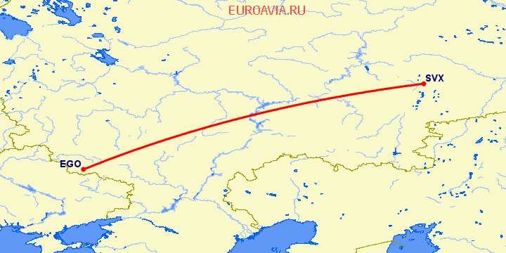 перелет Белгород — Екатеринбург на карте