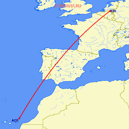перелет Эйндховен — Арресифе на карте