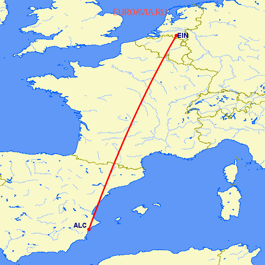 перелет Эйндховен — Аликанте на карте