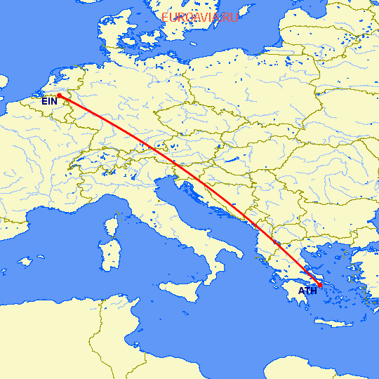 перелет Эйндховен — Афины на карте