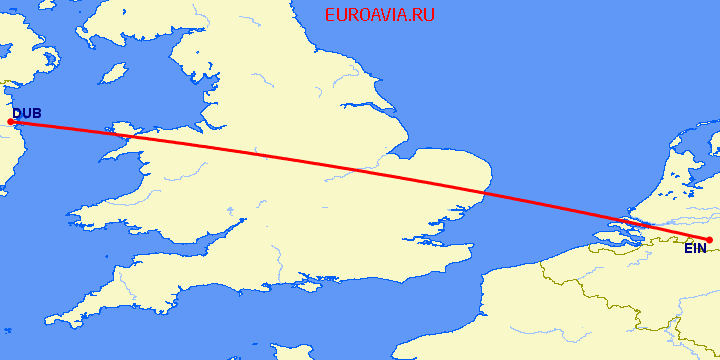 перелет Эйндховен — Дублин на карте
