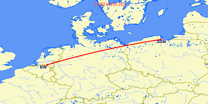 перелет Эйндховен — Гданьск на карте