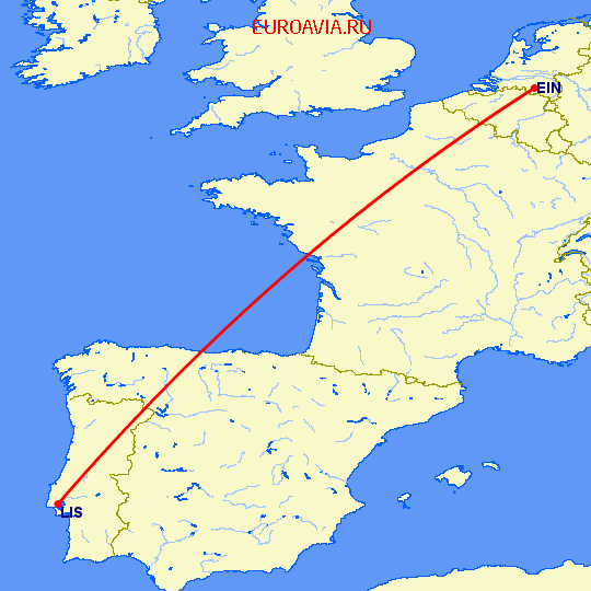перелет Эйндховен — Лиссабон на карте