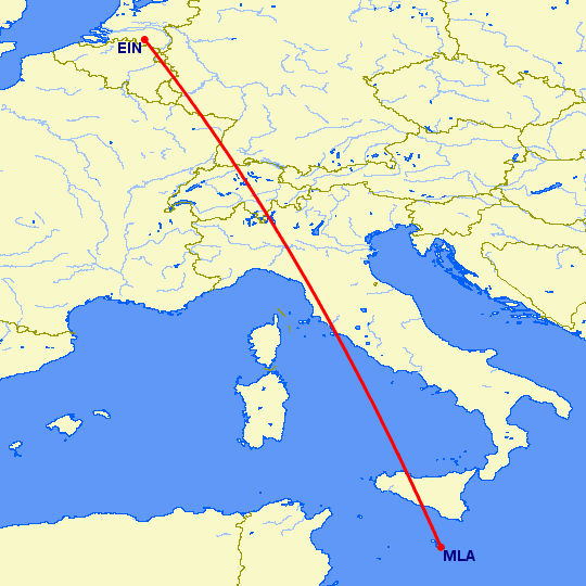 перелет Эйндховен — Мальта на карте