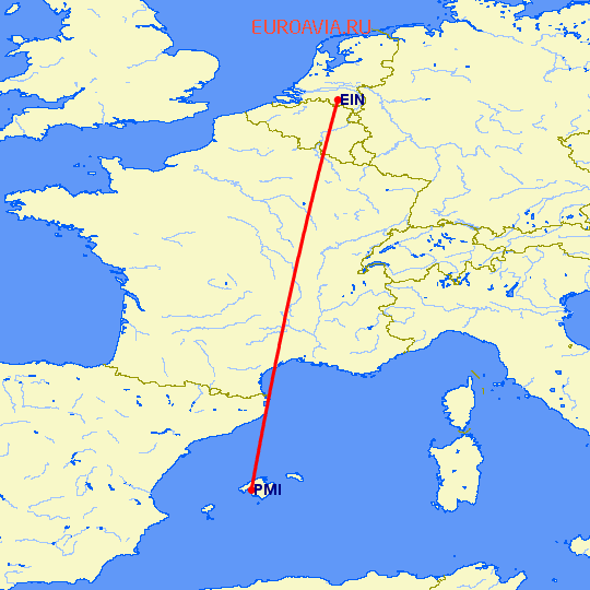 перелет Эйндховен — Пальма де Майорка на карте