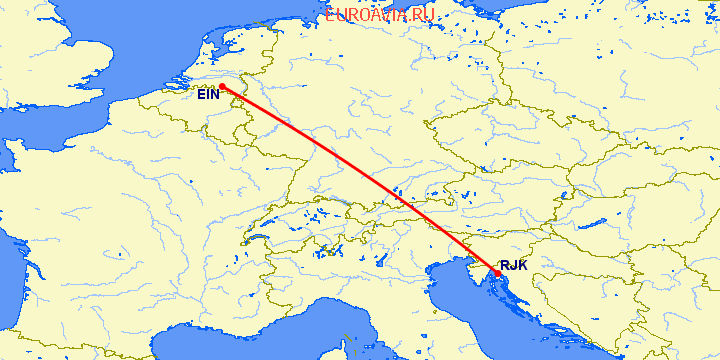 перелет Эйндховен — Риека на карте