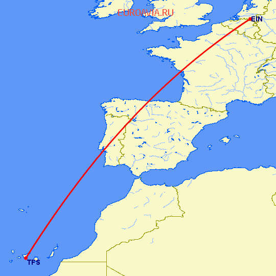 перелет Эйндховен — Тенерифе на карте