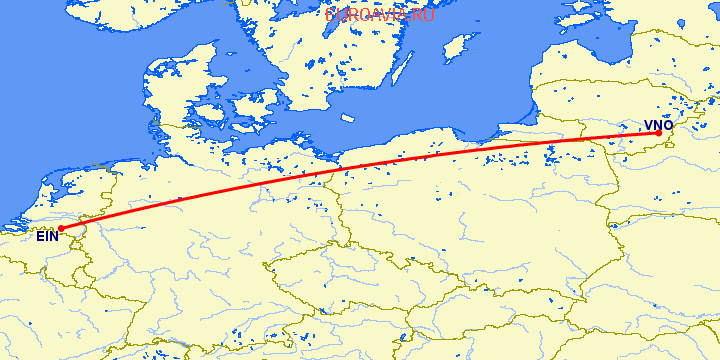 перелет Эйндховен — Вильнюс на карте