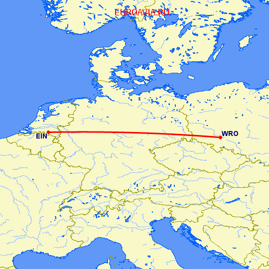 перелет Эйндховен — Вроцлав на карте
