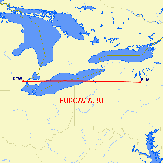 перелет Corning — Детройт на карте