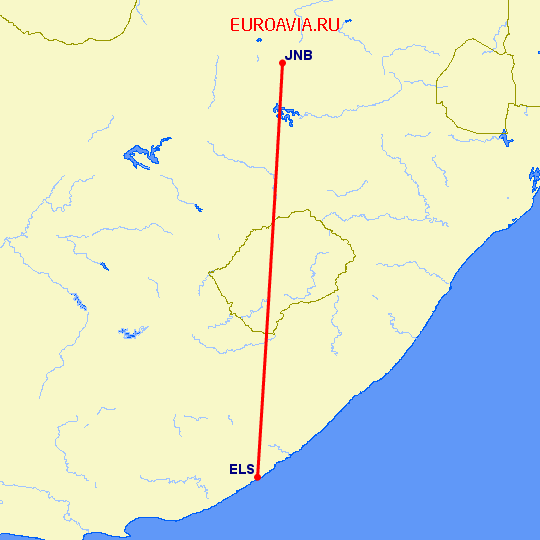 перелет Ист Лондон — Йоханнесбург на карте