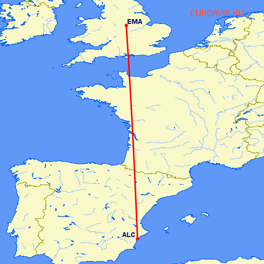 перелет Дерби — Аликанте на карте