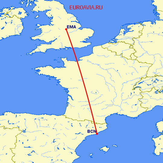 перелет Дерби — Барселона на карте