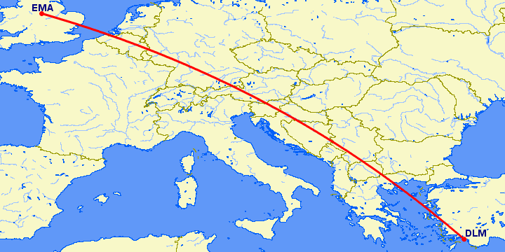 перелет Дерби — Даламан на карте