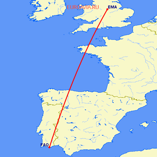 перелет Дерби — Фару на карте