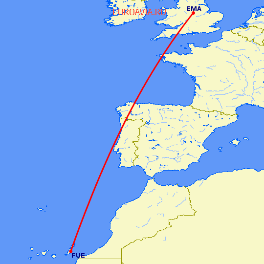 перелет Дерби — Пуэрто дель Росарио на карте