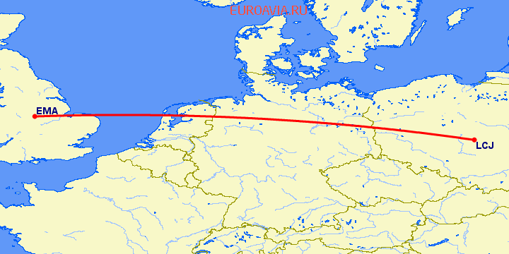 перелет Дерби — Лодзь на карте