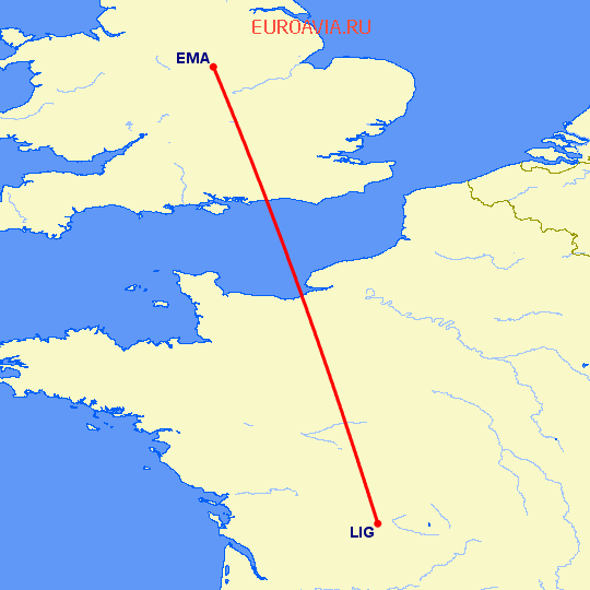 перелет Дерби — Лимож на карте