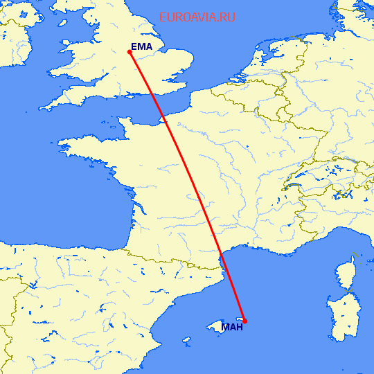 перелет Дерби — Менорка на карте
