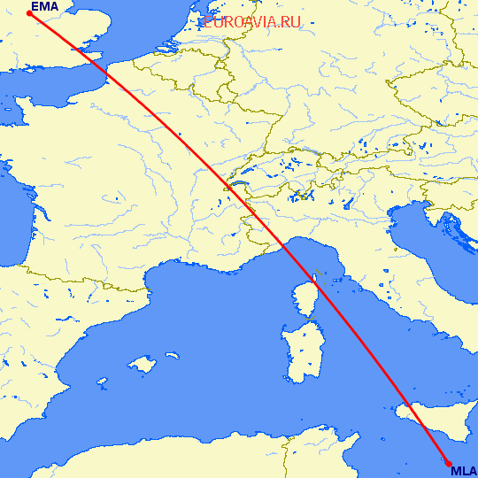 перелет Дерби — Мальта на карте