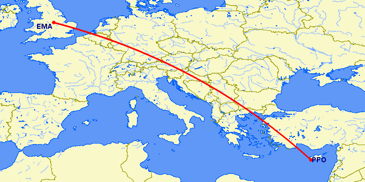 перелет Дерби — Пафос на карте