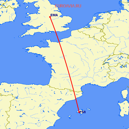 перелет Дерби — Пальма де Майорка на карте