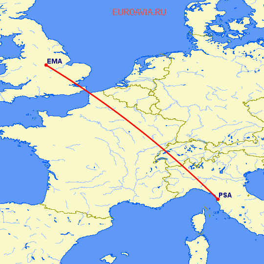 перелет Дерби — Пиза на карте