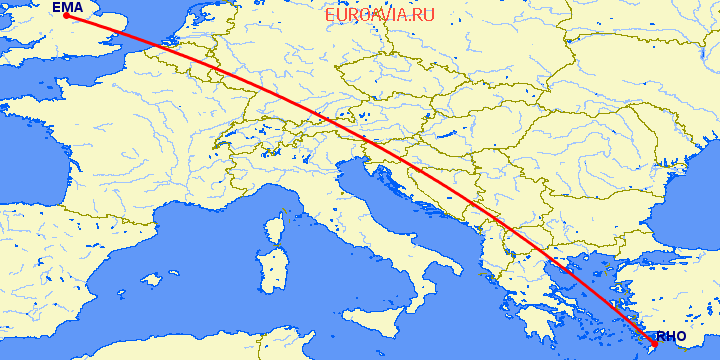 перелет Дерби — Родос на карте