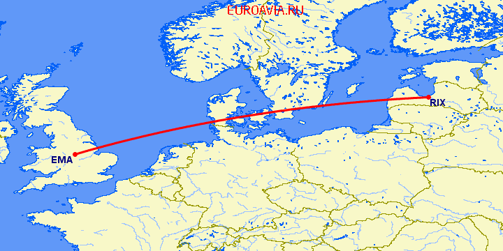 перелет Дерби — Рига на карте