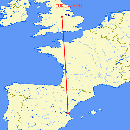 перелет Дерби — Валенсия на карте