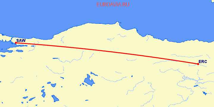 перелет Эрзинкан — Стамбул на карте