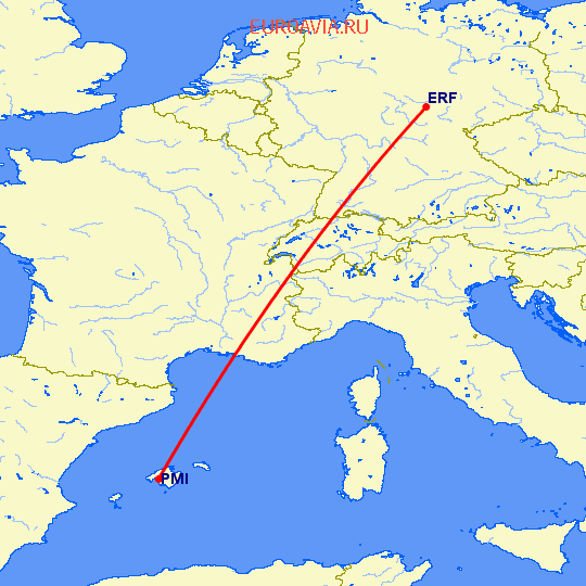перелет Эрфурт — Пальма де Майорка на карте