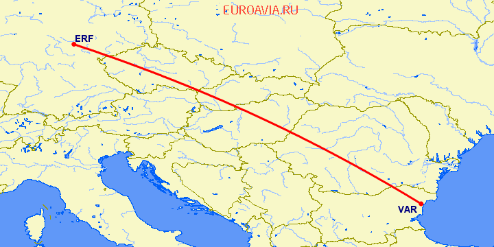 перелет Эрфурт — Варна на карте