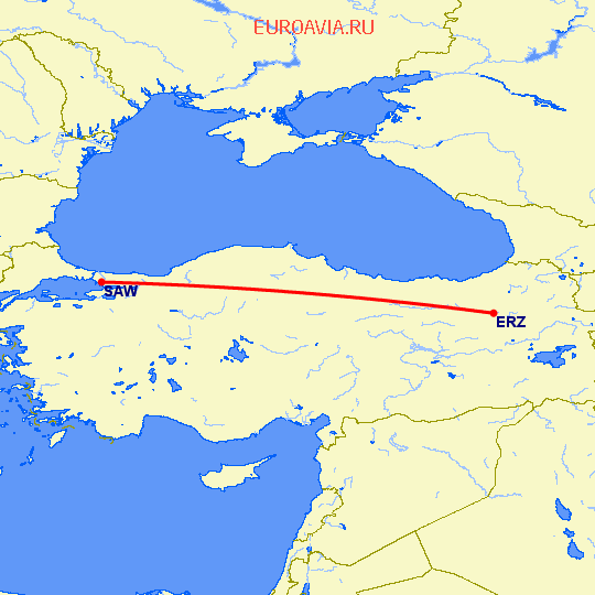 перелет Эрзурум — Стамбул на карте