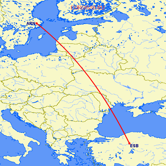 перелет Анкара — Стокгольм на карте